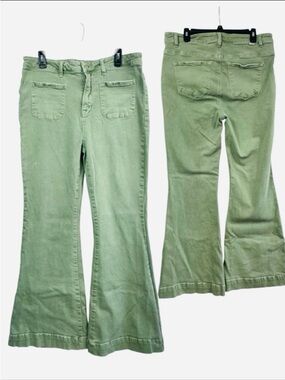 Risen Stretch Jeans 1XL Sage Green Plus High Rise Front Patch Bell Bottom Retro